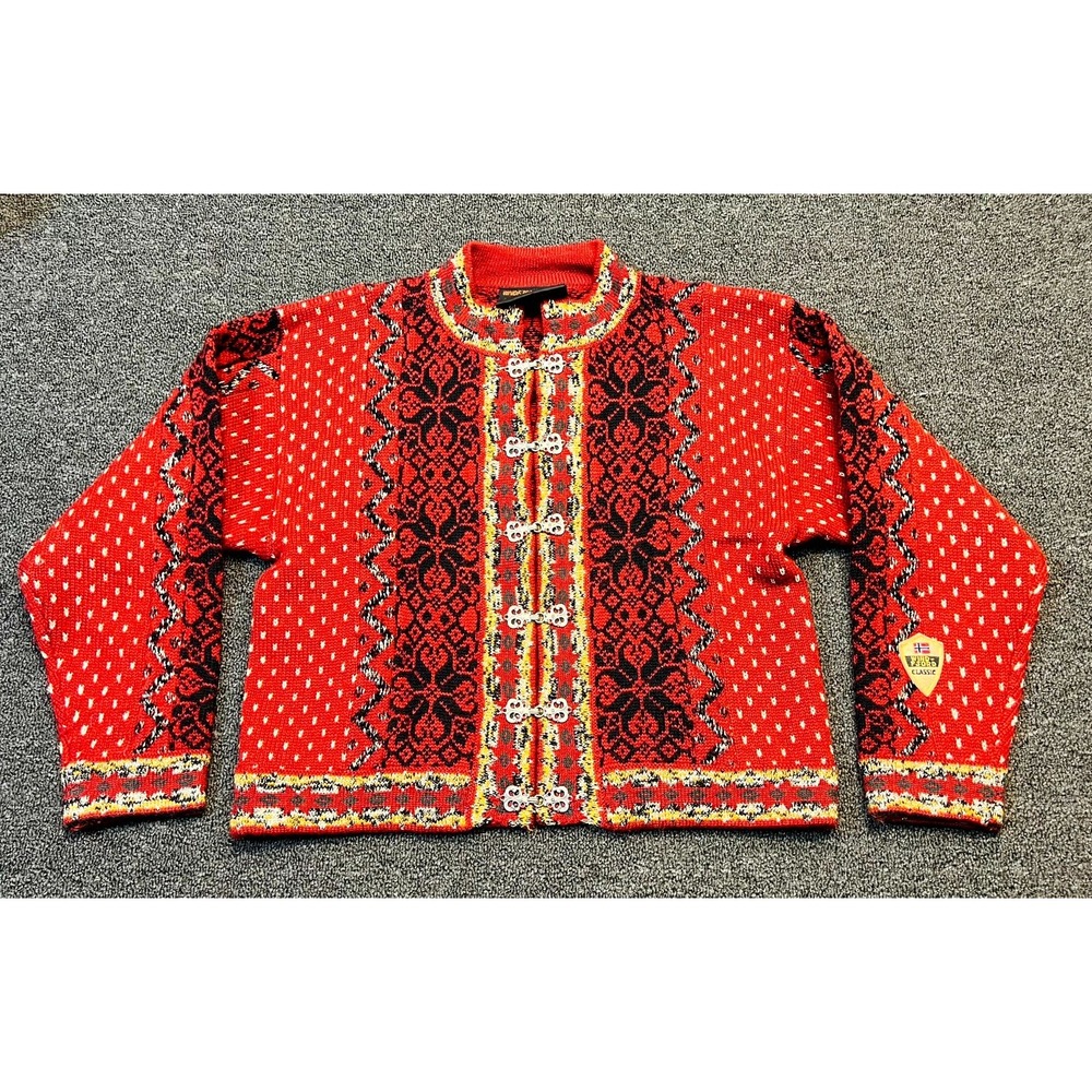 Vintage Windfjord Classic Cardigan Sweater Women's M Red Geometric Clasps Front